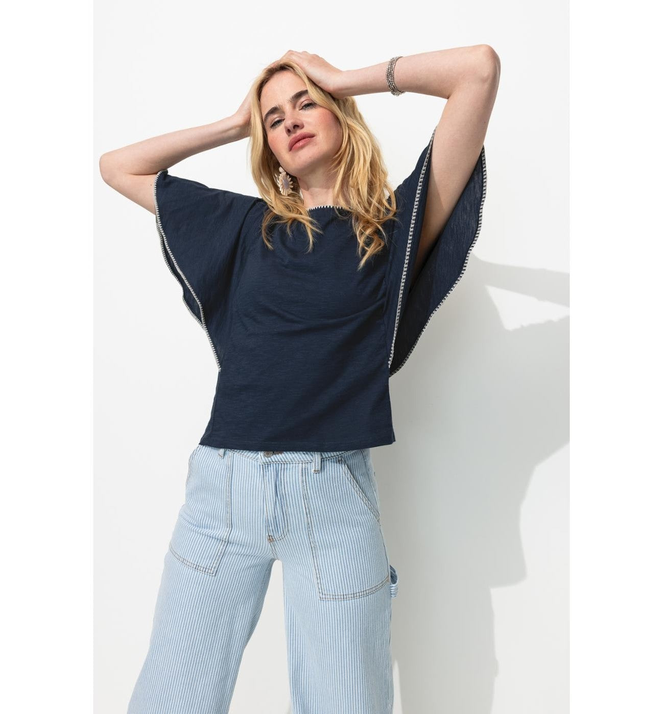 T-shirt à Manches Papillon - Bleu Uni Fonce