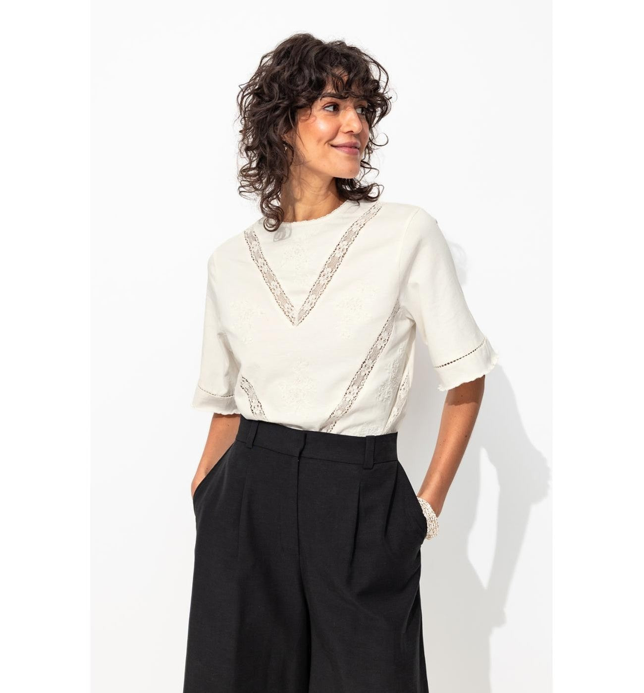 T-shirt Brodé Perlé Femme - Naturel Uni Clair