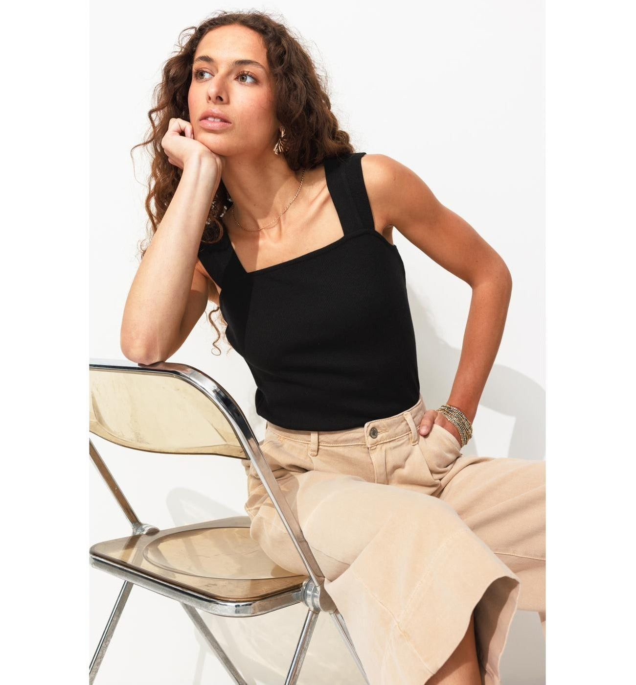 Débardeur Côtelé Uni Femme - Noir Uni Fonce