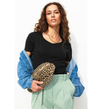 T-shirt Côtelé Col Cœur Femme - Noir Uni Fonce
