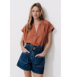 Blouse Manches Courtes Lyocell - Marron Uni Fonce