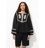 Blouse Folk Brodée Femme - Noir Uni Fonce