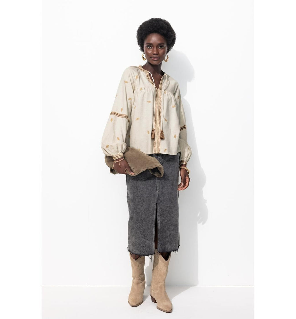 Blouse Brodée Folk Femme - Naturel Uni Clair