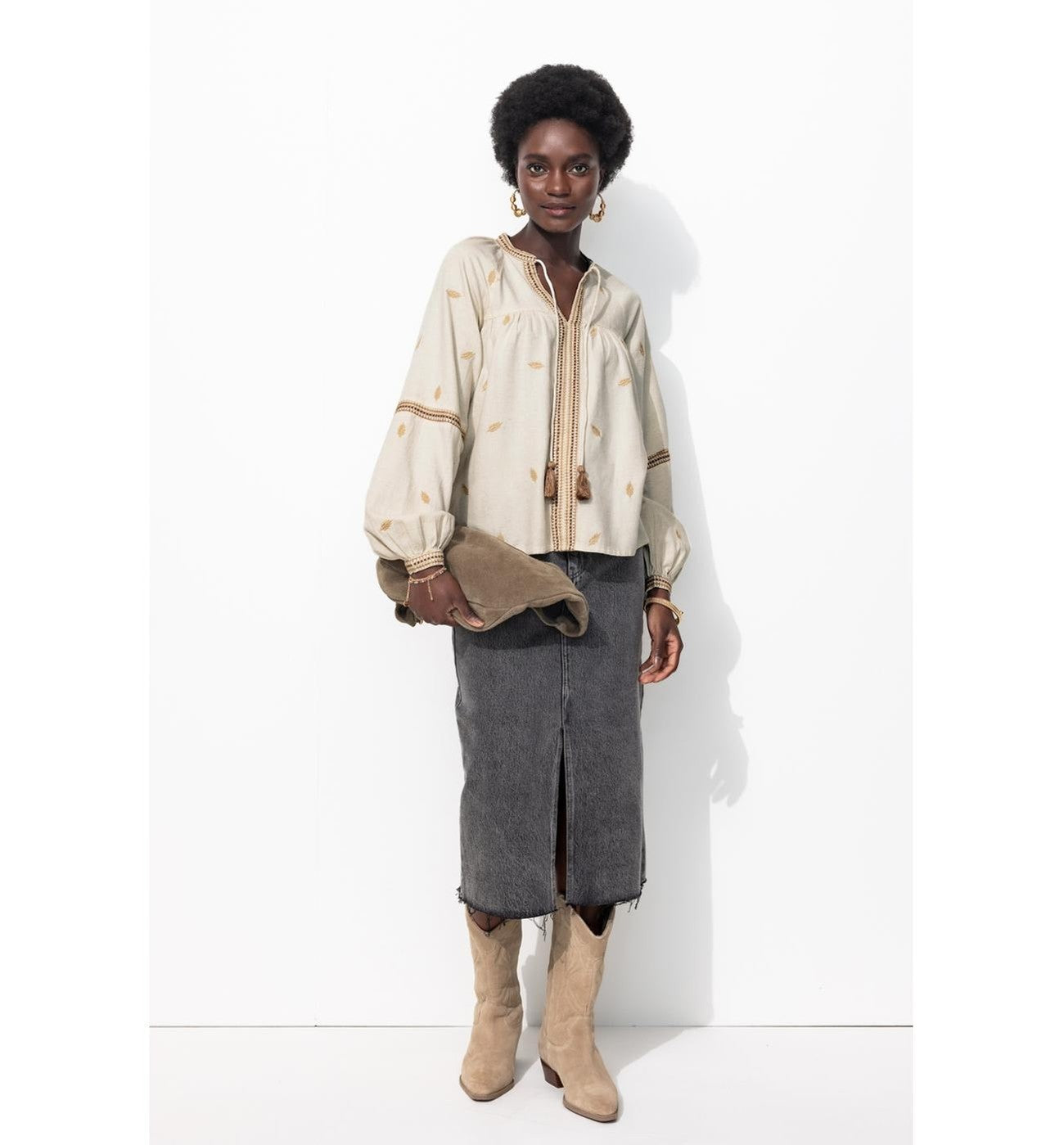 Blouse Brodée Folk Femme - Naturel Uni Clair