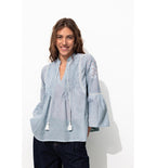 Blouse Rayée Brodée Femme - Bleu Uni Colore