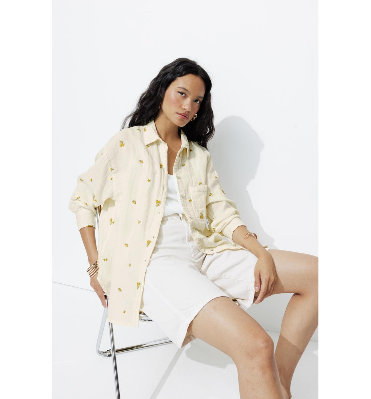 Chemise Brodée Gaze de Coton - Naturel Uni Clair