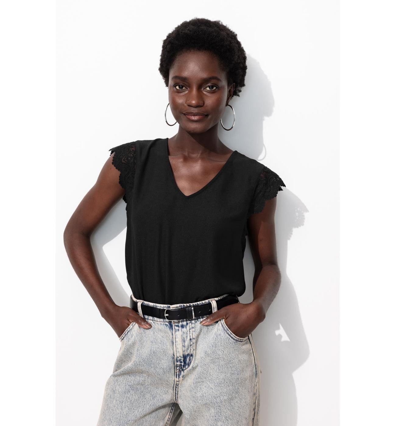 Top Détail Dentelle Femme - Noir Uni Fonce
