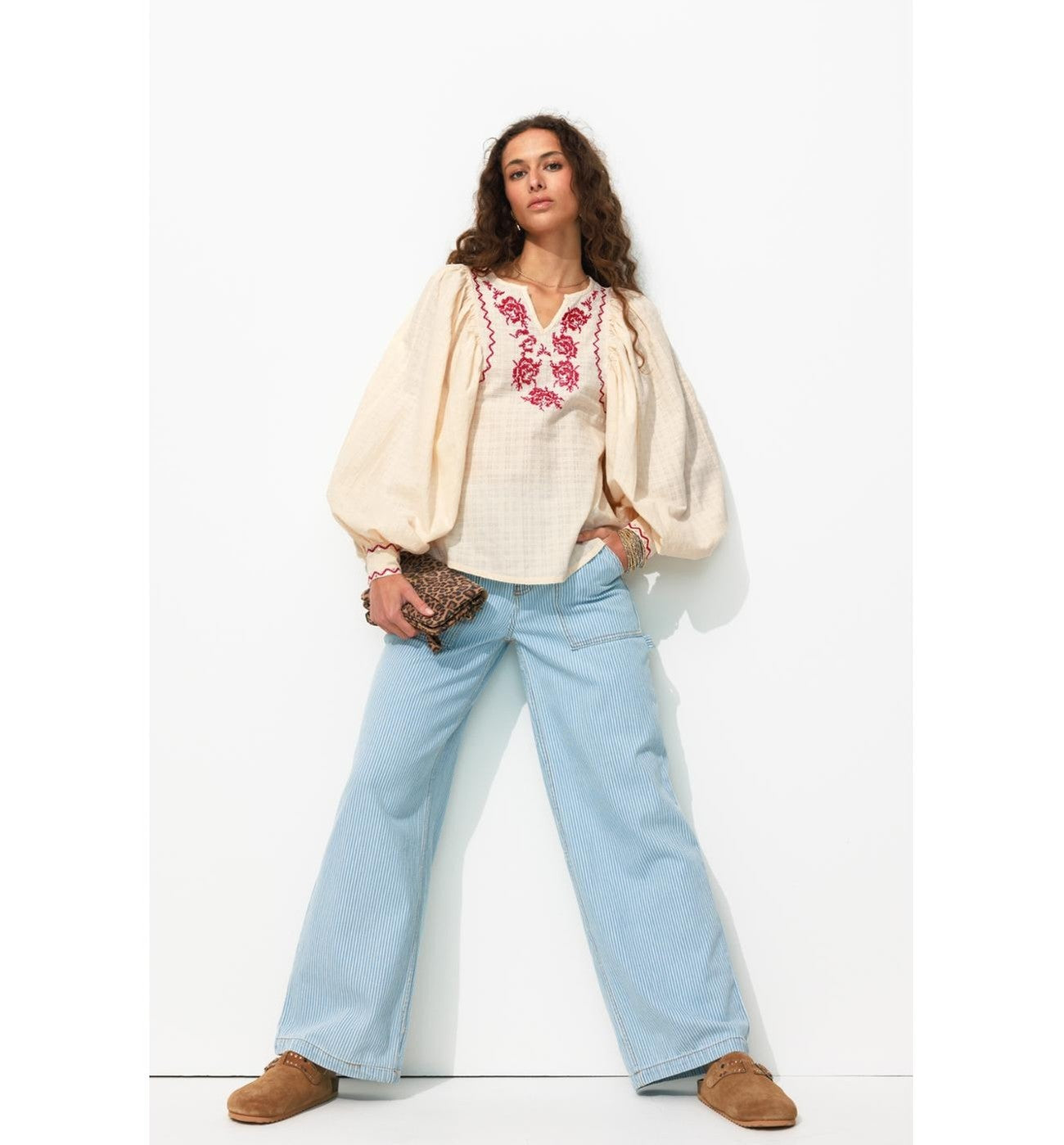 Chemise Brodée Manches Ballon - Naturel Uni Clair