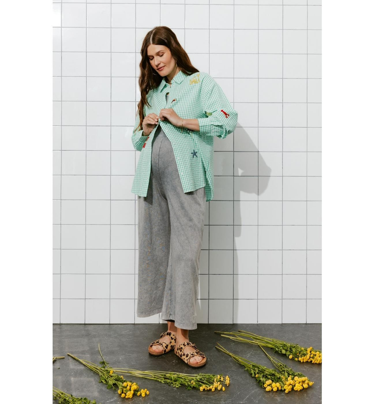 Chemise Oversize Brodée Femme - Vert Carreaux