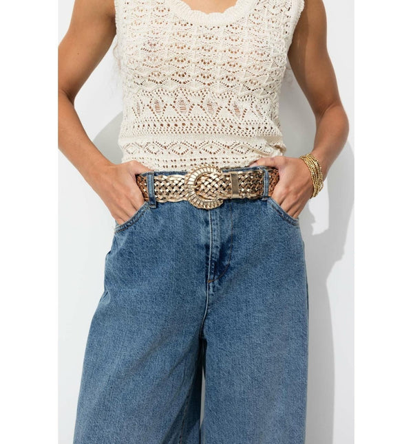 Ceinture en Cuir Irisé Femme - Jaune Uni Colore