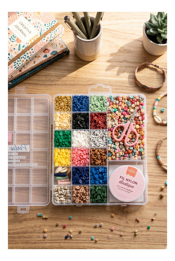 Maxi Boite - 16 Couleurs De Perles Heishi Nature Et Accessoires + Perles Lettres, Ciseaux Et Fil Élastique