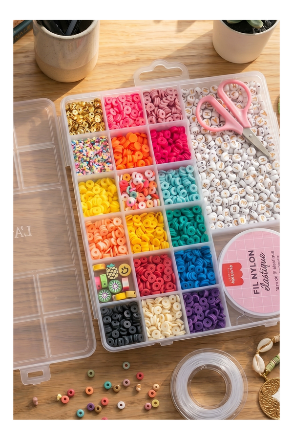 Maxi Boite - 16 Couleurs De Perles Heishi Pop Et Accessoires + Perles Lettres, Ciseaux Et Fil Élastique