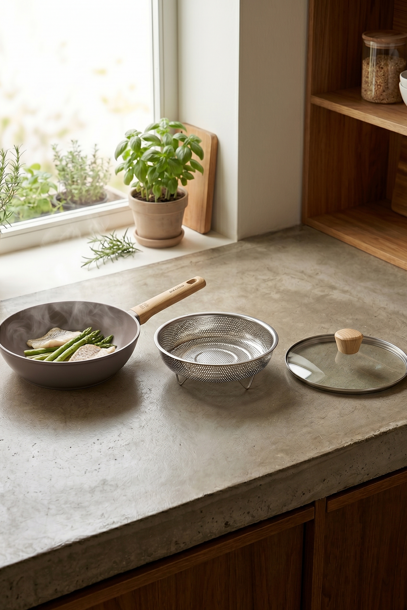 Sauteuse 28cm Avec Couvercle + Panier - Aluminium Forgé - Revêtement Céramique - Taupe