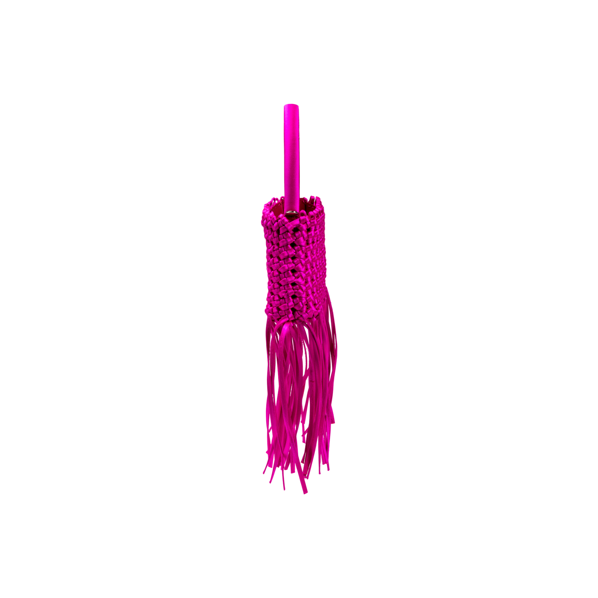 Aurnia fuchsia mini tote bag featuring a stylish woven design with playful fringes, ideal for fashion-forward accessories.