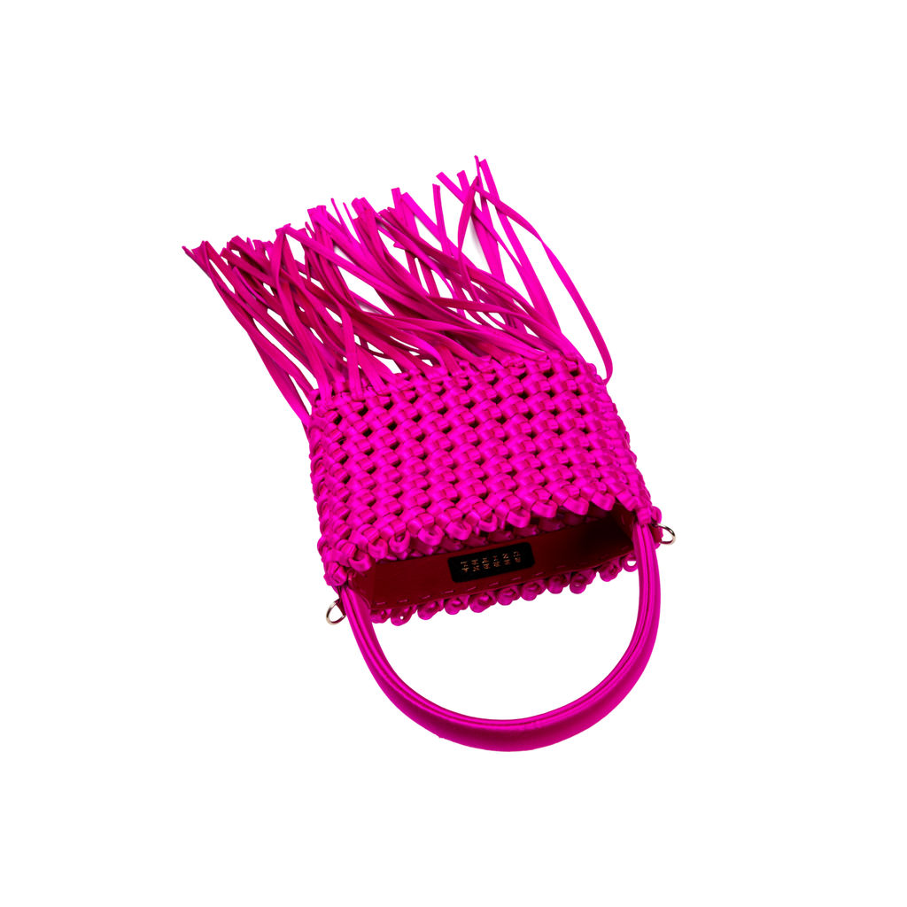 Aurnia fuschia mini tote bag with stylish fringe detail and bright handle, perfect for trendy outings.