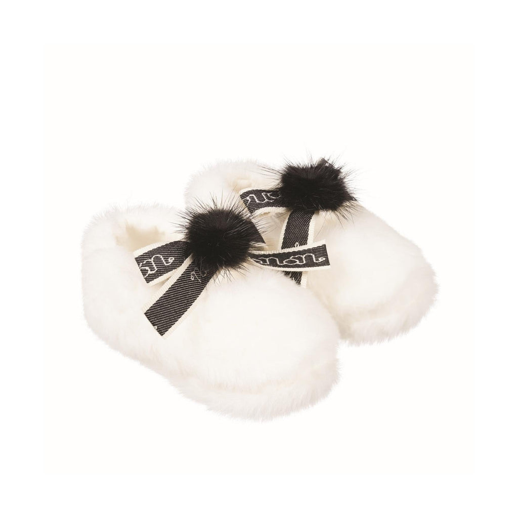 Ballerine En Fourrure Avec Nœud Et Pompon Crème