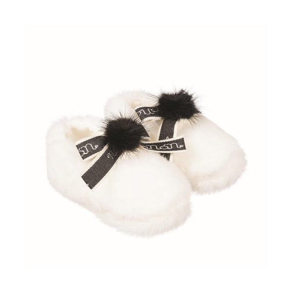 Ballerine En Fourrure Avec Nœud Et Pompon Crème