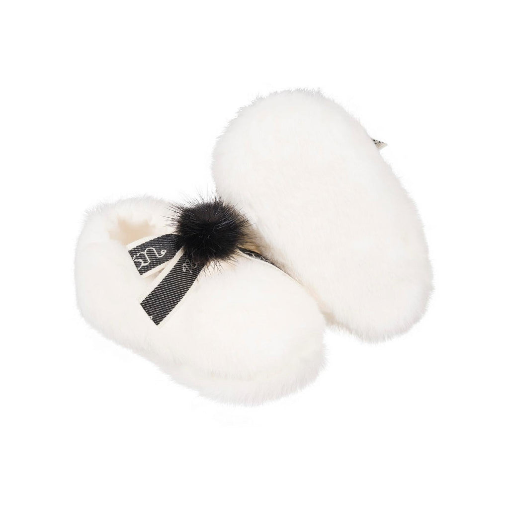 Ballerine En Fourrure Avec Nœud Et Pompon Crème