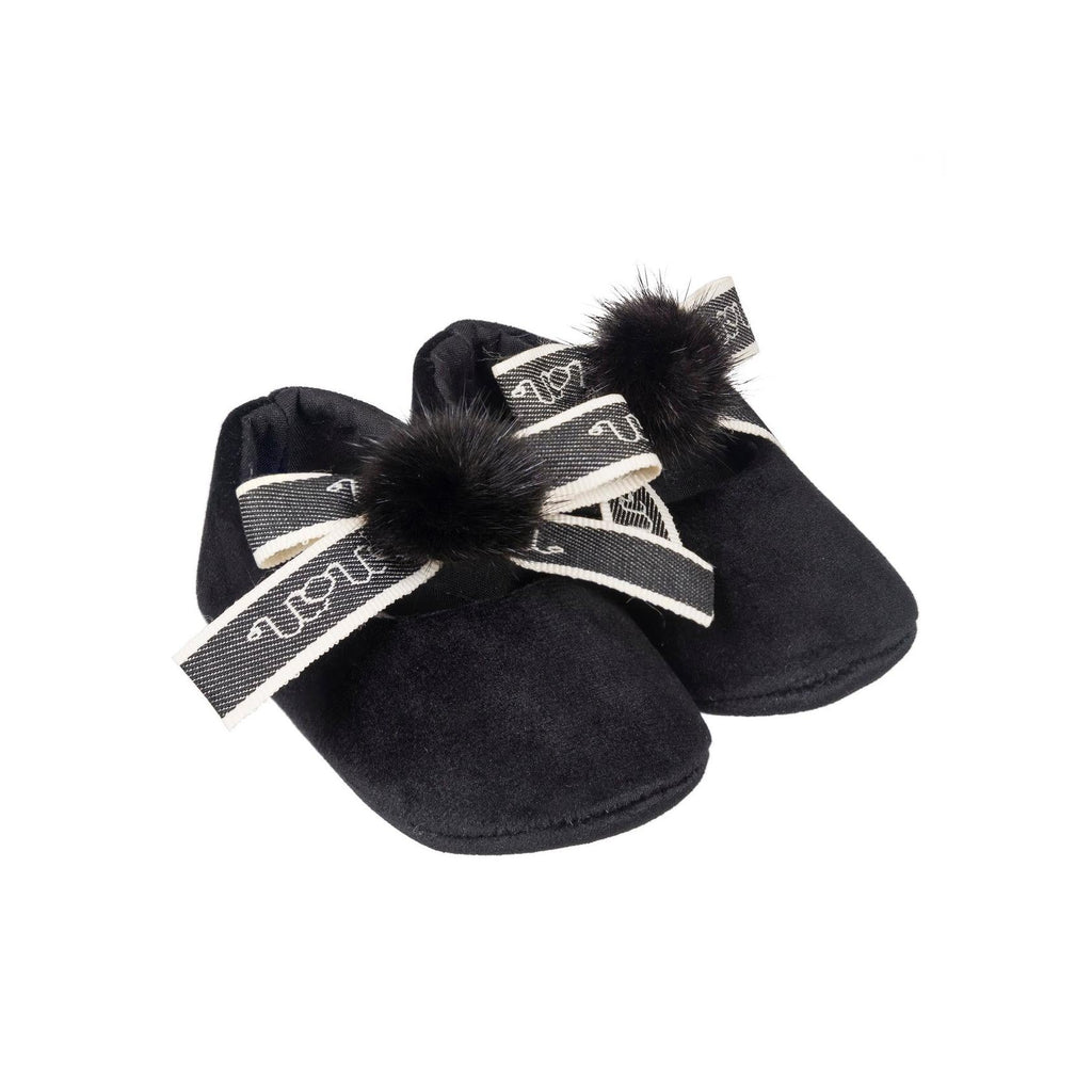 Ballerine En Velours Avec Nœud Et Pompon Noir