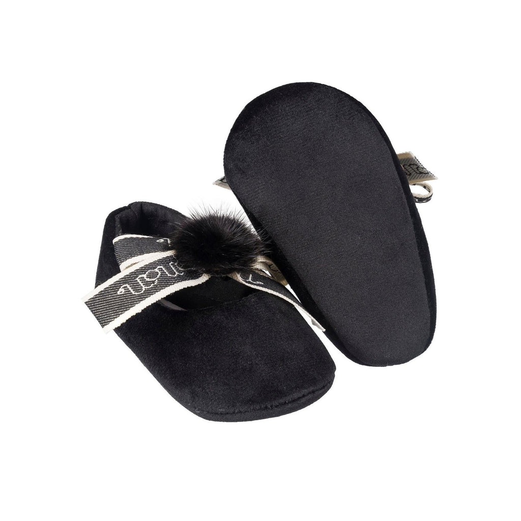 Ballerine En Velours Avec Nœud Et Pompon Noir