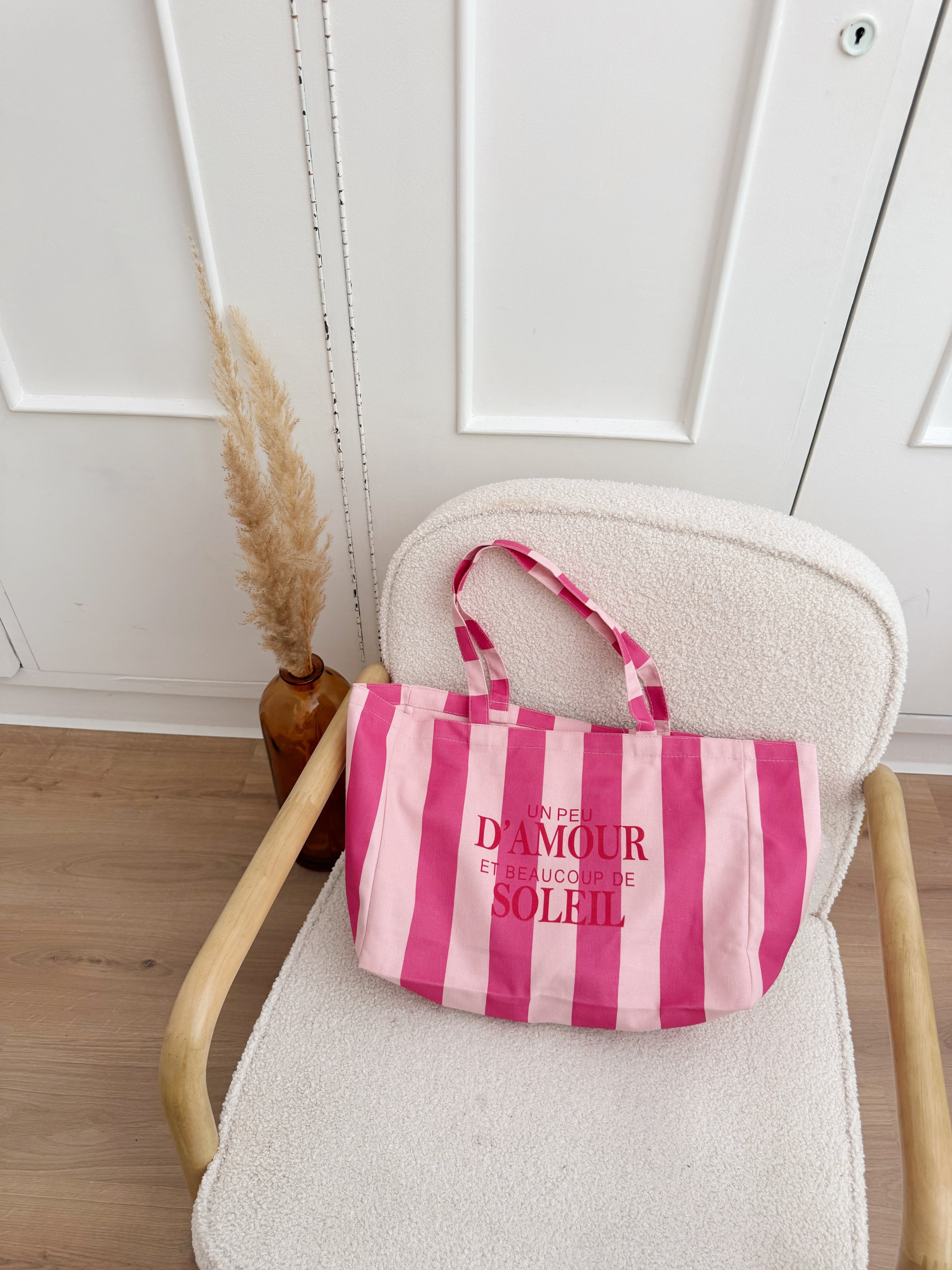 Sac Cabas Un Peu D’Amour Et Beaucoup De Soleil Rayé Rose Rouge