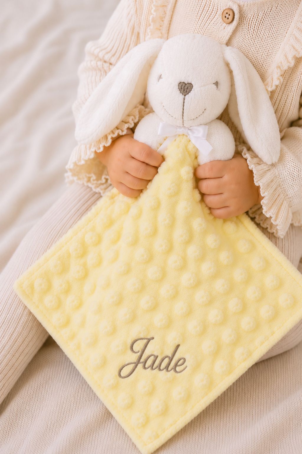 Le Lapinou Citron, Doudou Attache Tétine - Blanc - À Personnaliser