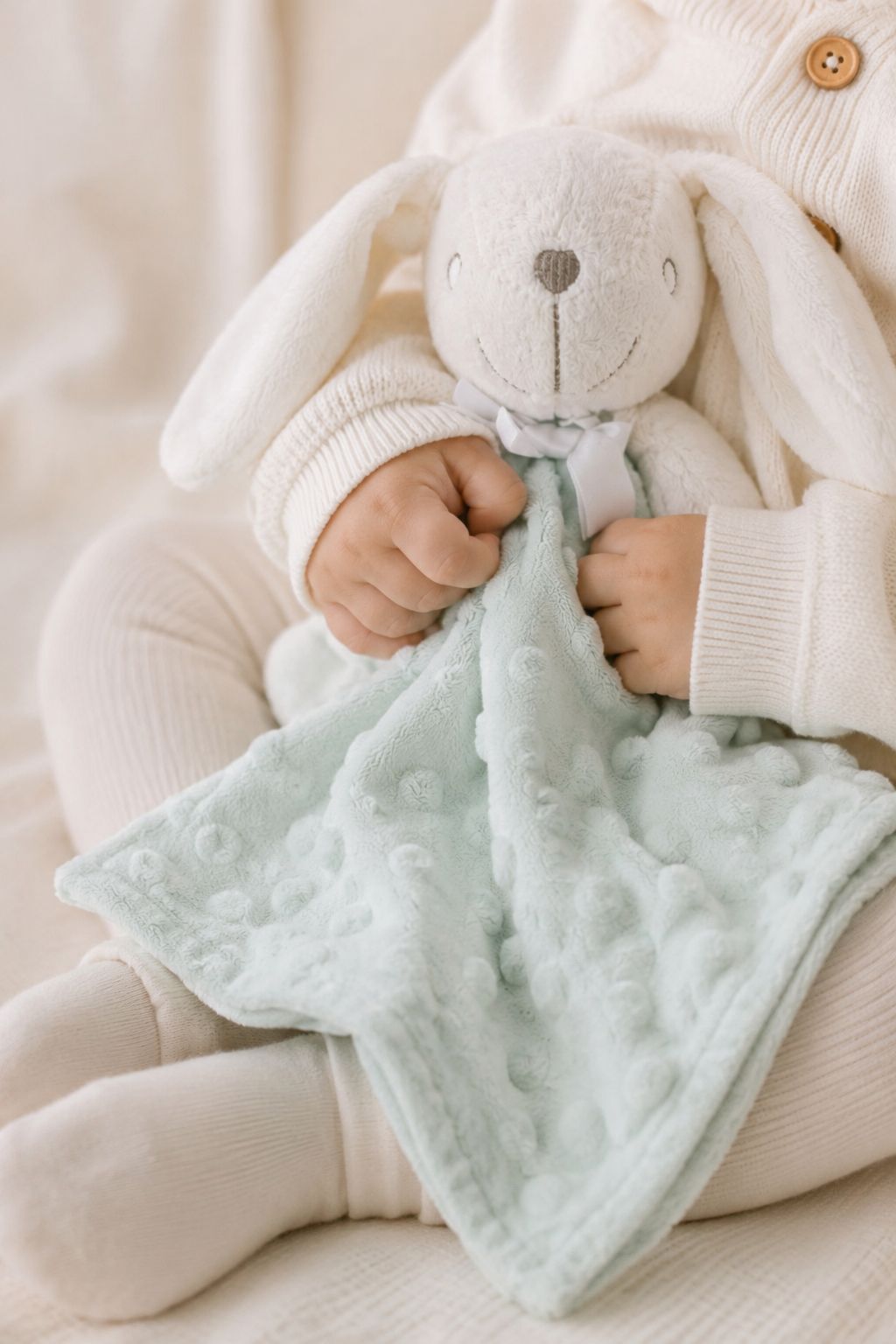Le Lapinou Vert D'eau, Doudou Attache Tétine - Blanc - À Personnaliser