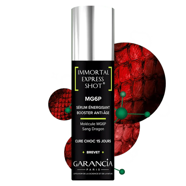 Sérum énergisant Garancia Immortal Express Shot MG6P, une cure choc anti-âge de 15 jours à la molécule MG6P et Sang Dragon, présenté sur un fond texturé rouge.