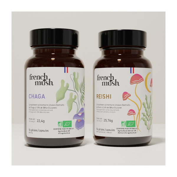 French Mush compléments alimentaires à base d'extraits de champignons médicinaux biologiques fabriqués en France Le pack Immunité et Sommeil Gélules Bio - gélules -