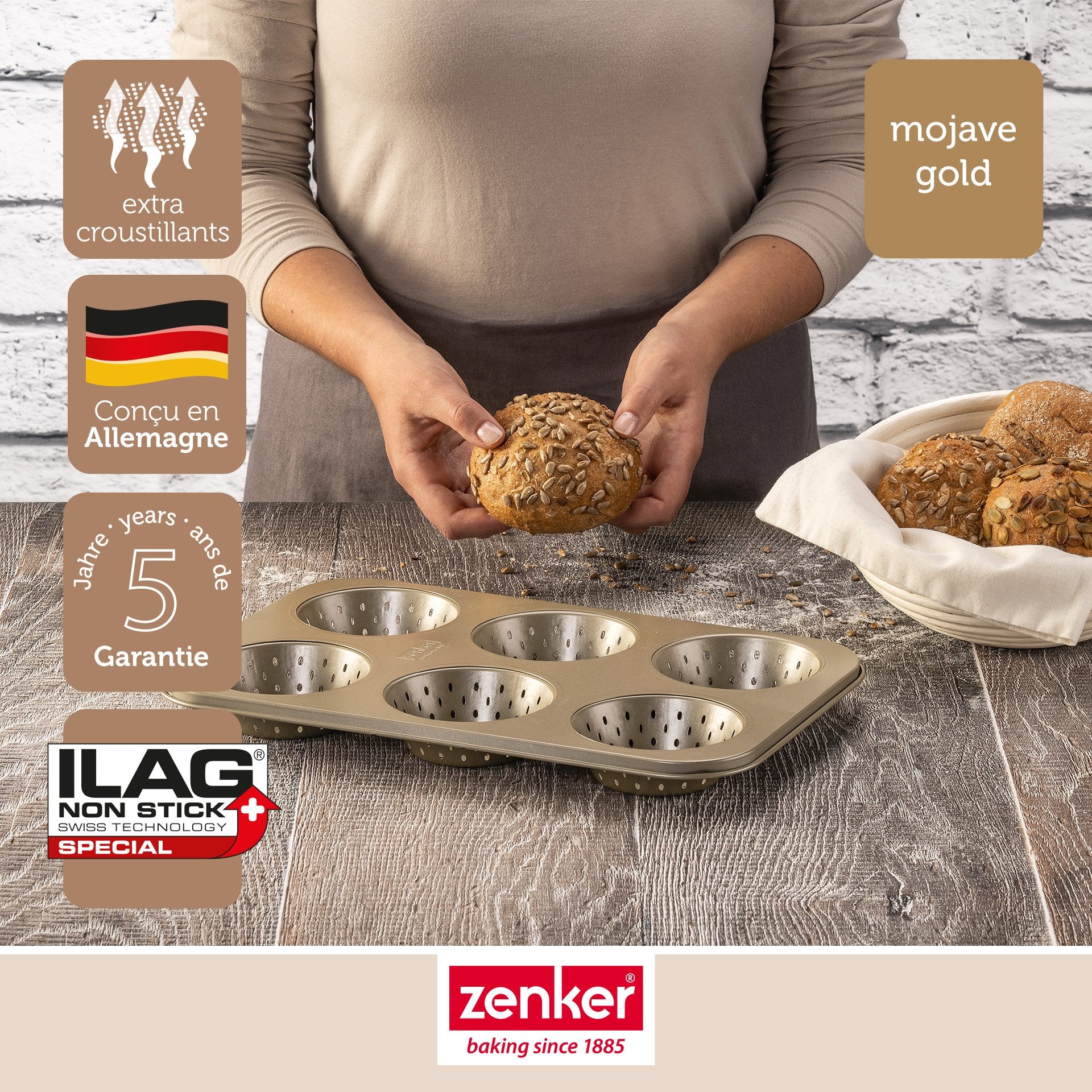 Zenker - Moule À Petits Pains Individuels Ronds 6 Empreintes 33 X 22 Cm Zenker Mojave Gold - Or