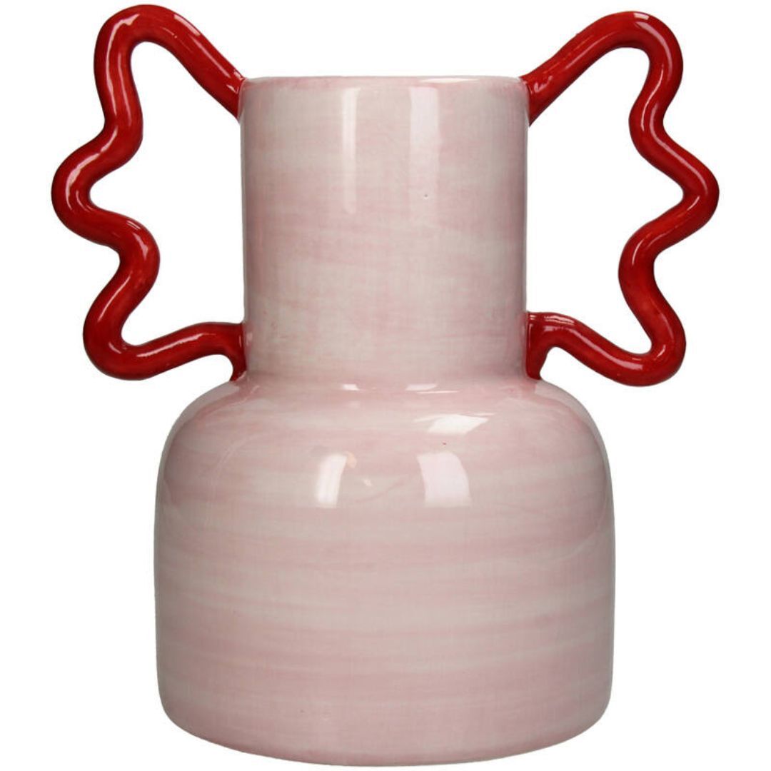 Vase rose avec grandes anses rouges Inside déco 