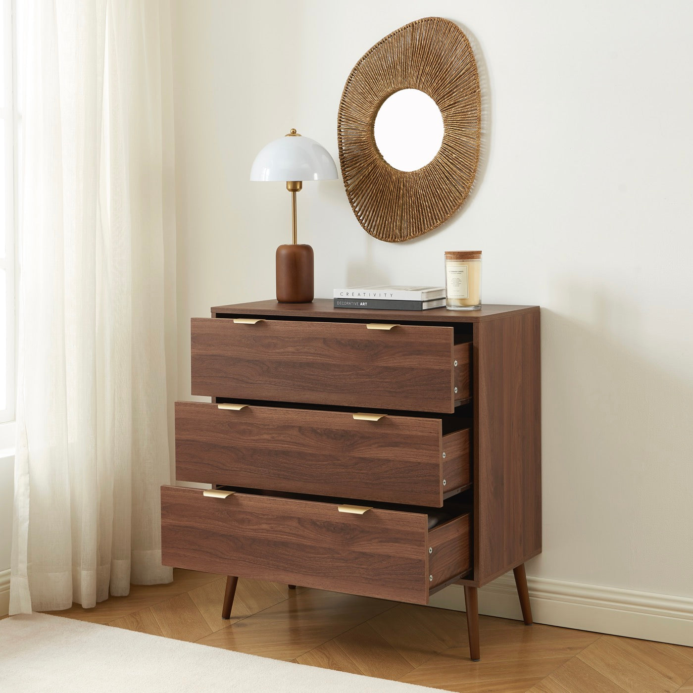Jeanne - Commode 3 Tiroirs - Effet Noyer