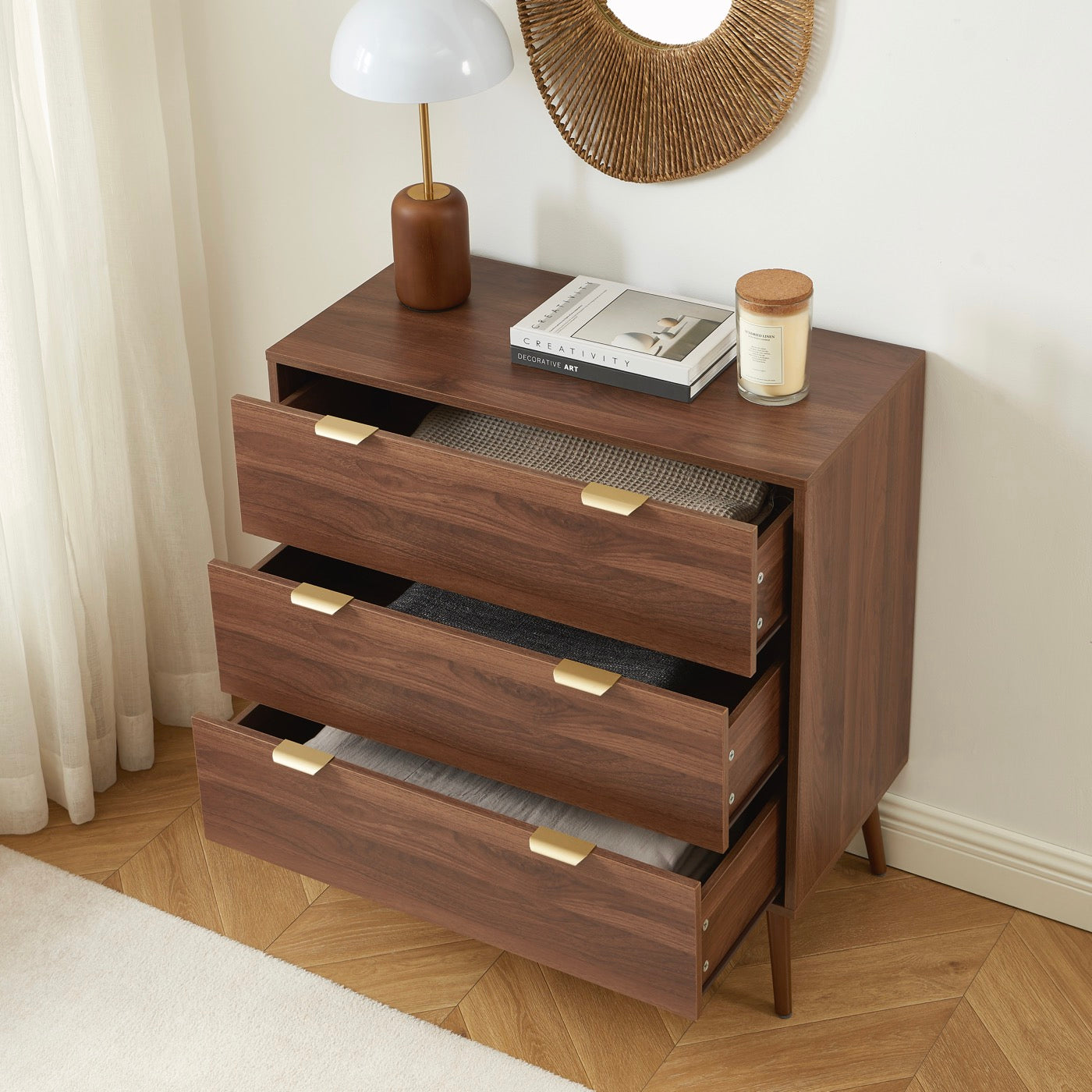 Jeanne - Commode 3 Tiroirs - Effet Noyer