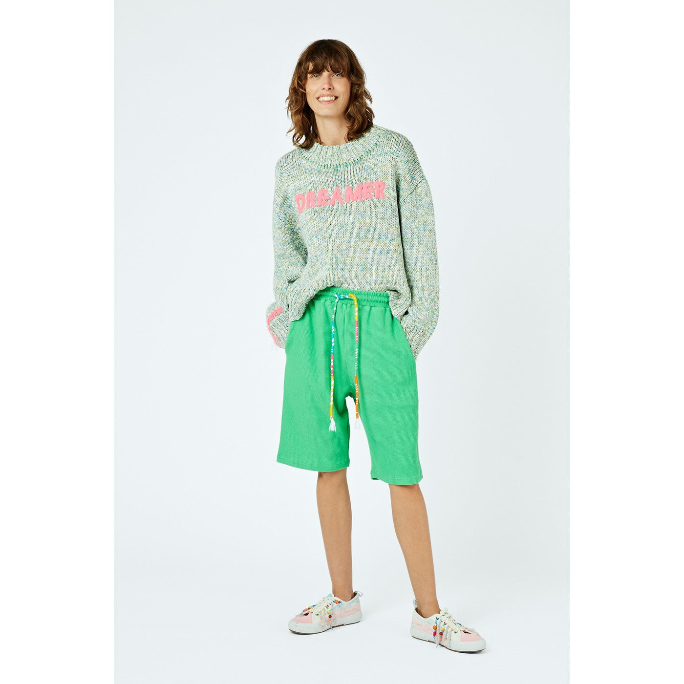 Short Distressed Drawstring Waffle-Cotton