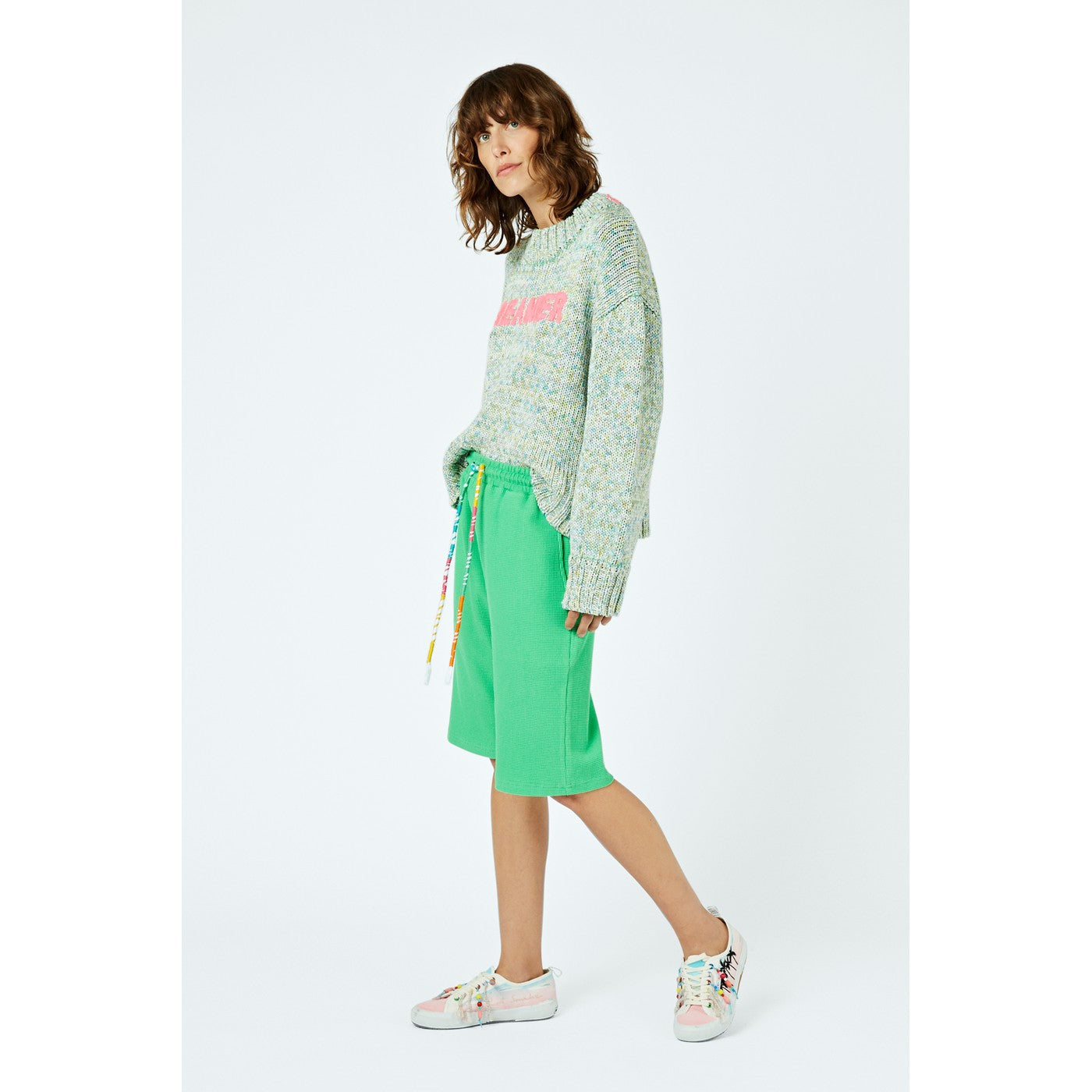 Short Distressed Drawstring Waffle-Cotton