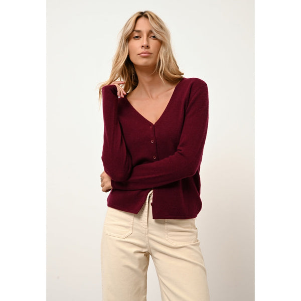 Just Cashmere - Cardigan Col V Norma - Bordeaux - 100% Cachemire 2 Fils - Femme