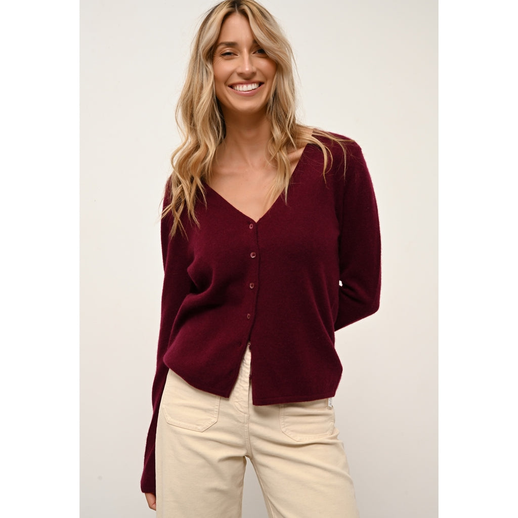 Just Cashmere - Cardigan Col V Norma - Bordeaux - 100% Cachemire 2 Fils - Femme