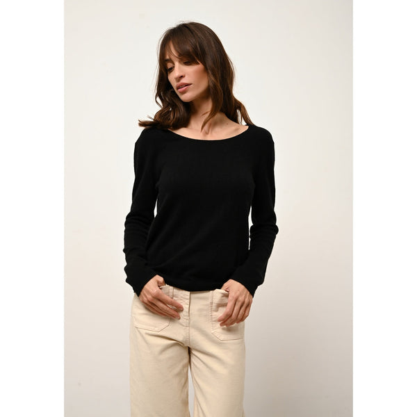 Just Cashmere - Pull Col Bateau Fiona Noir - 100% Cachemire - 2 Fils - Jersey - Femme