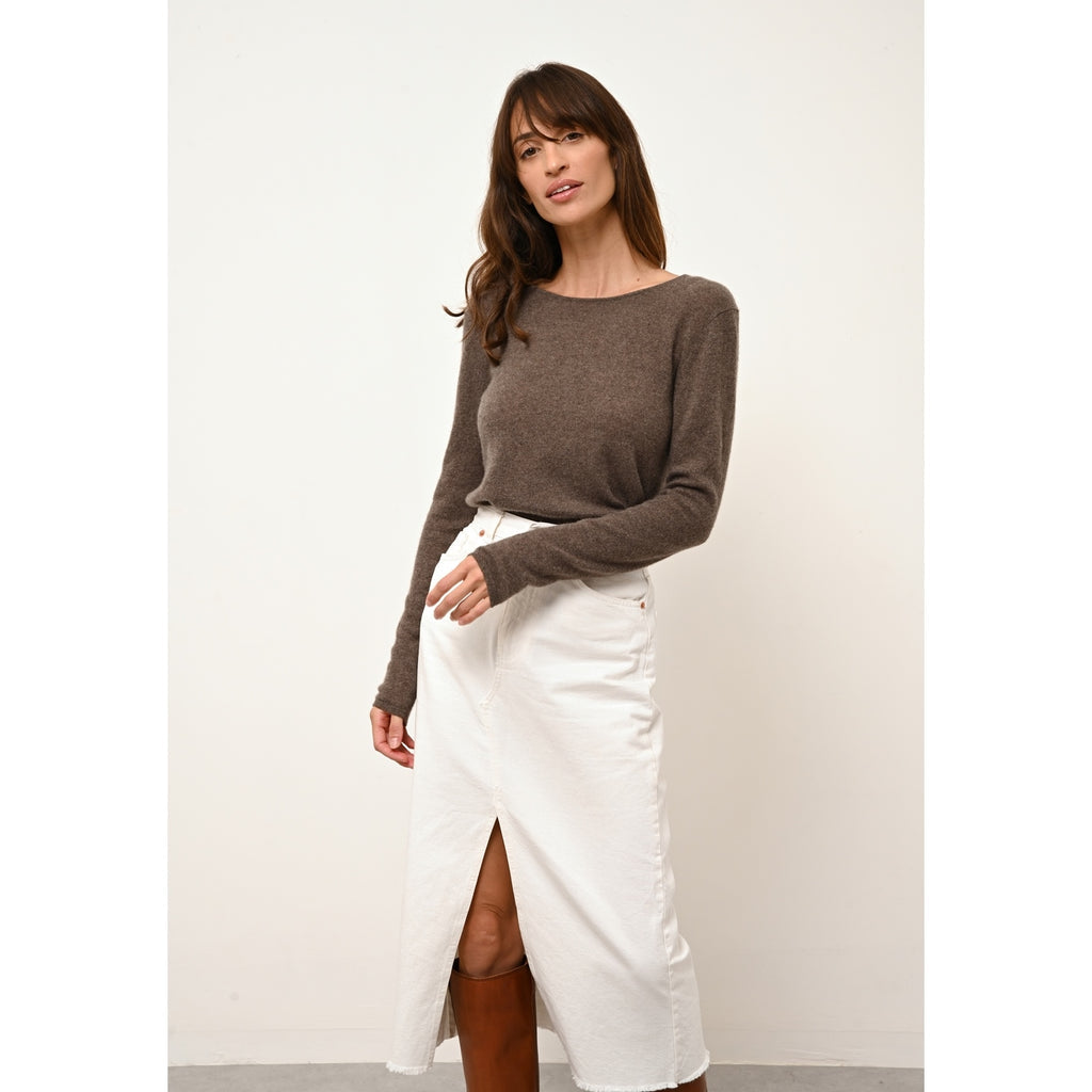 Just Cashmere - Pull Col Rond Vivian Taupe Chiné - 100% Cachemire - 2 Fils - Jersey - Femme