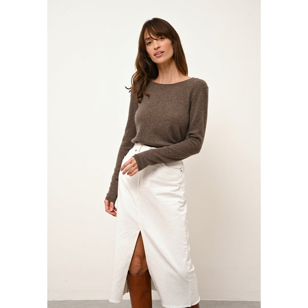 Just Cashmere - Pull Col Rond Vivian Taupe Chiné - 100% Cachemire - 2 Fils - Jersey - Femme