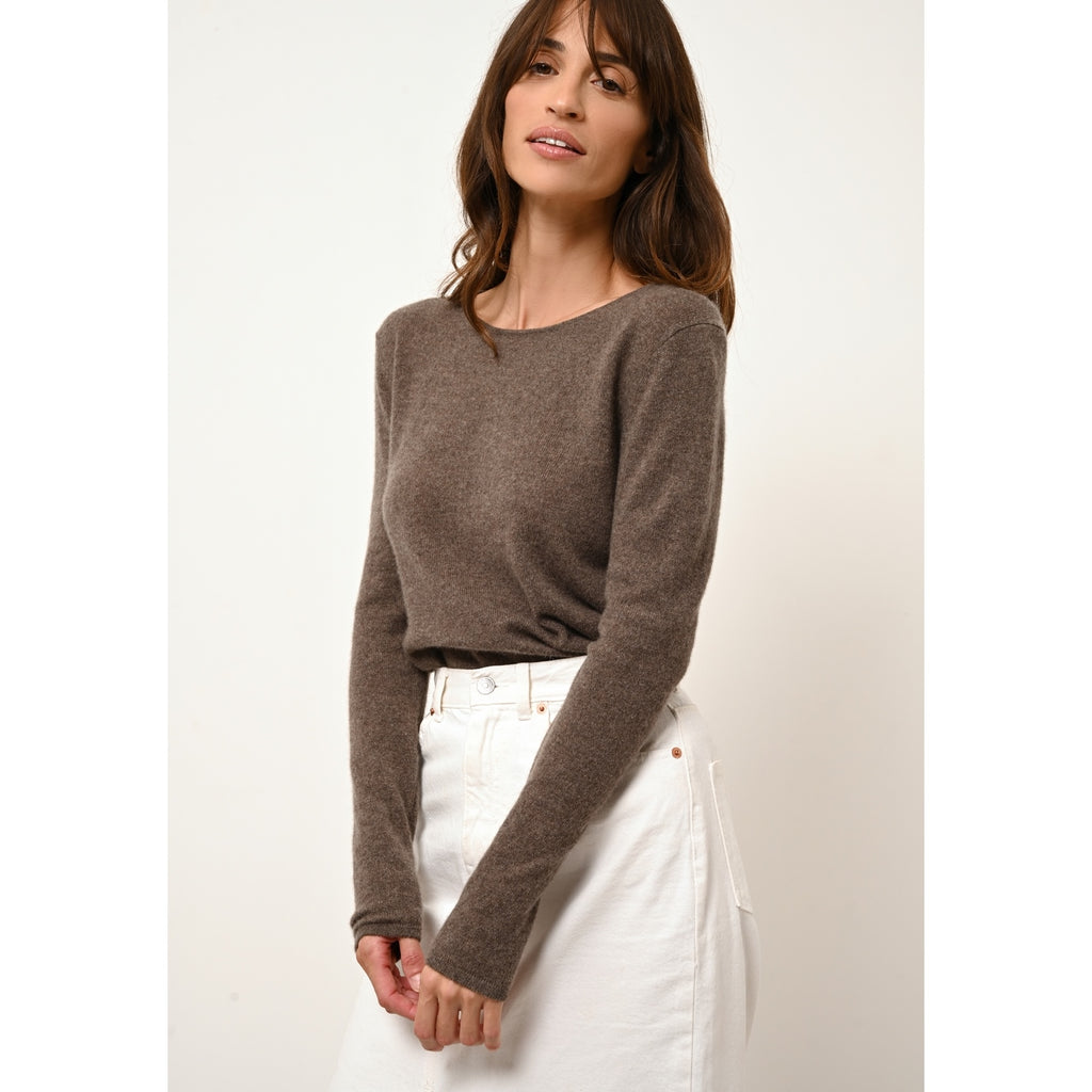 Just Cashmere - Pull Col Rond Vivian Taupe Chiné - 100% Cachemire - 2 Fils - Jersey - Femme