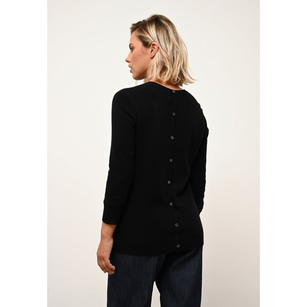 Pull Col Rond Boutonné Dos Janice - 100% Cachemire 2 Fils - Noir - Femme