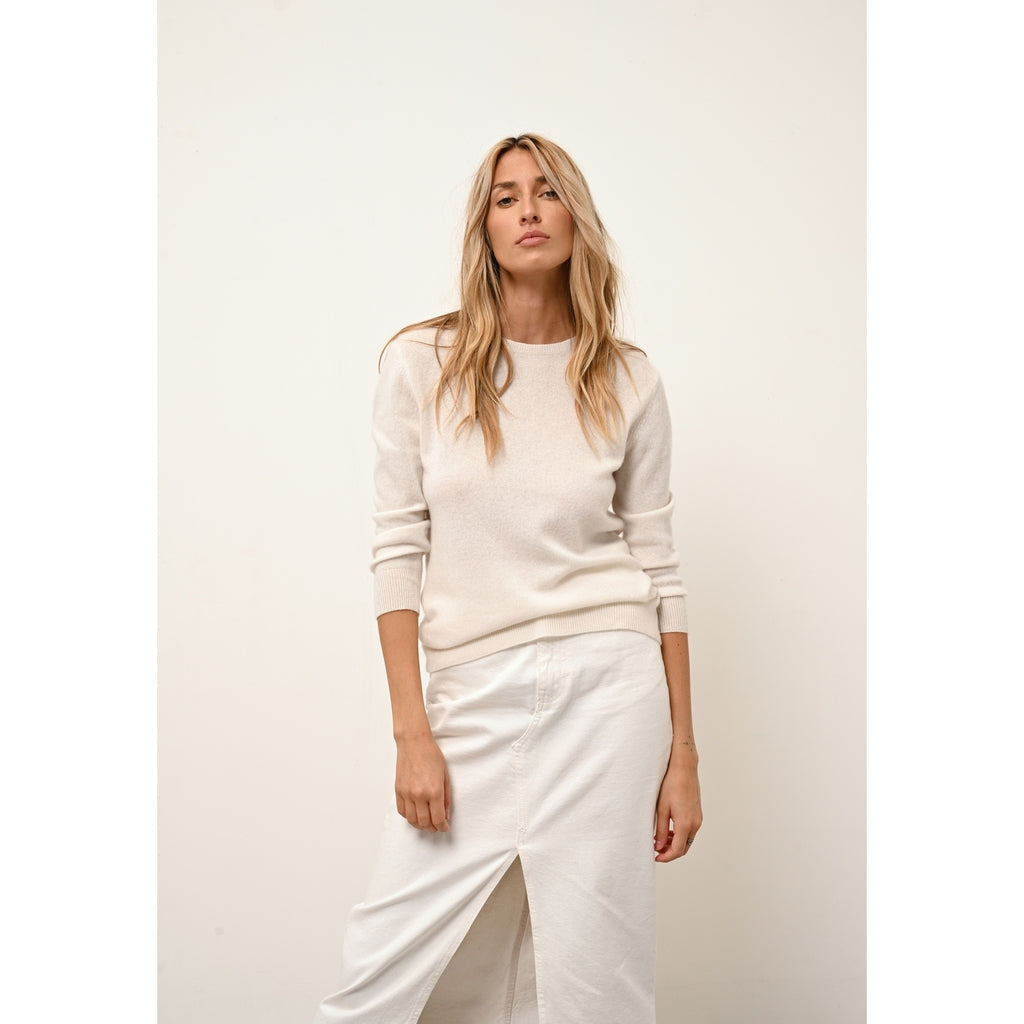 Just Cashmere - Pull Col Rond Boutonné Dos Janice - Ivoire - 100% Cachemire 2 Fils - Femme