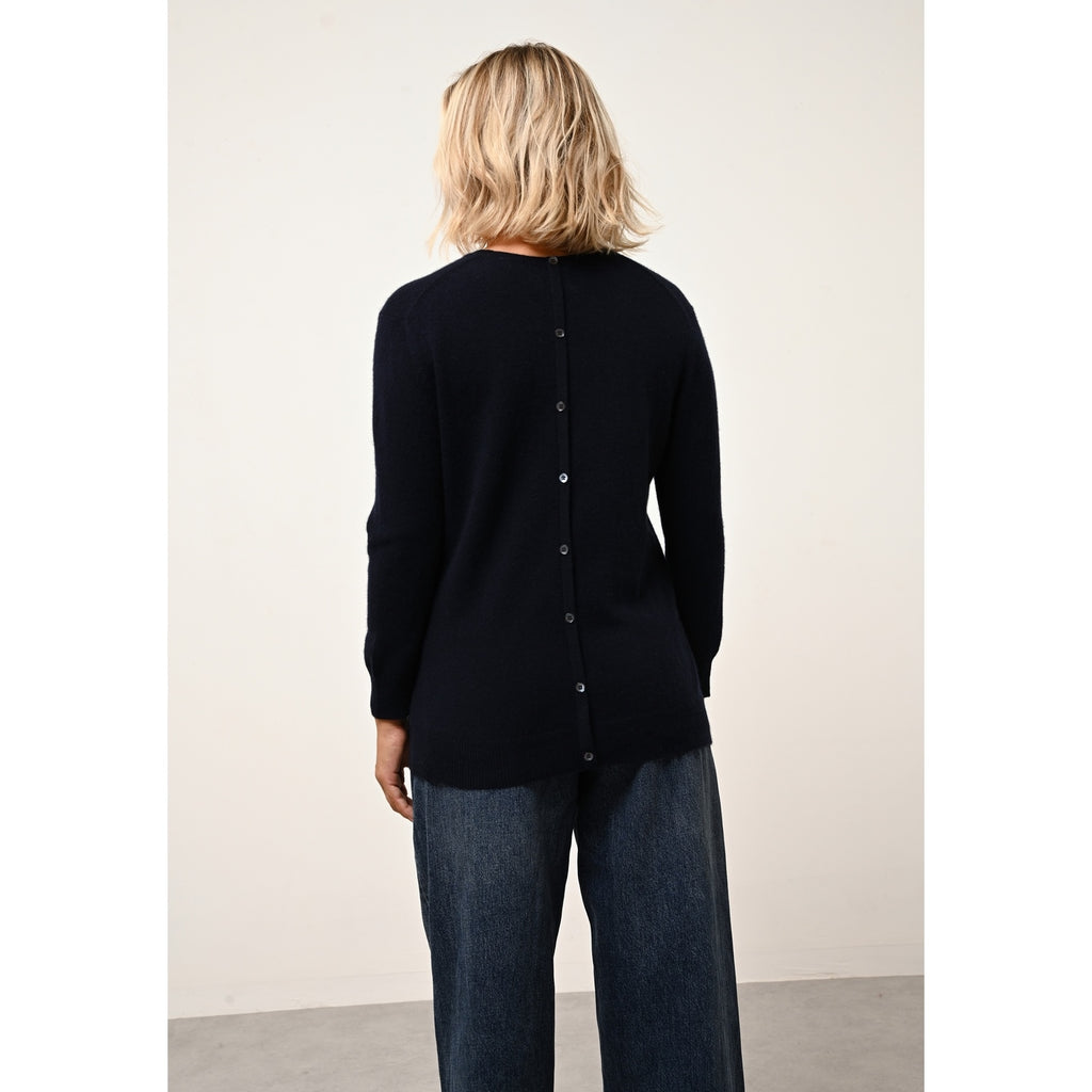 Pull Col Rond Boutonné Dos Janice - 100% Cachemire 2 Fils - Navy - Femme