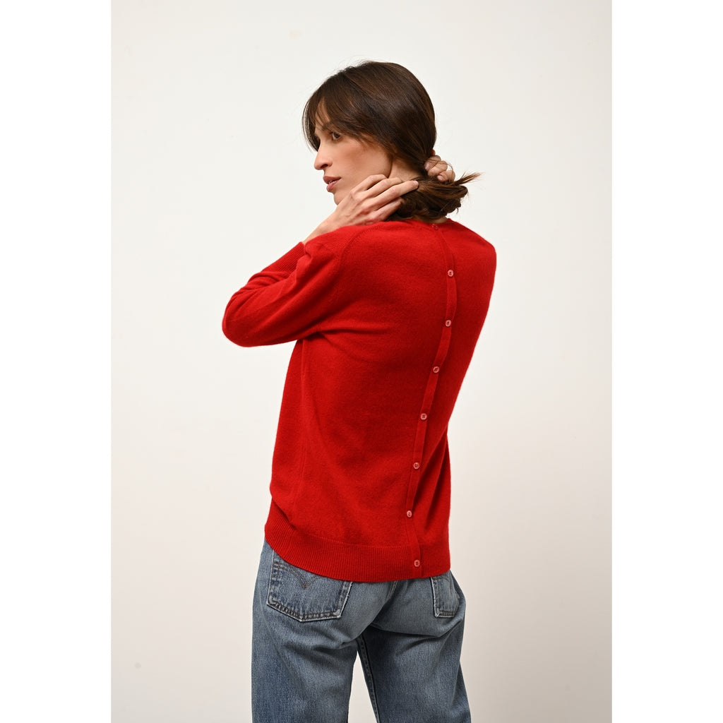Just Cashmere - Pull Col Rond Boutonné Dos Janice Rouge - 100% Cachemire - 2 Fils - Jersey - Femme