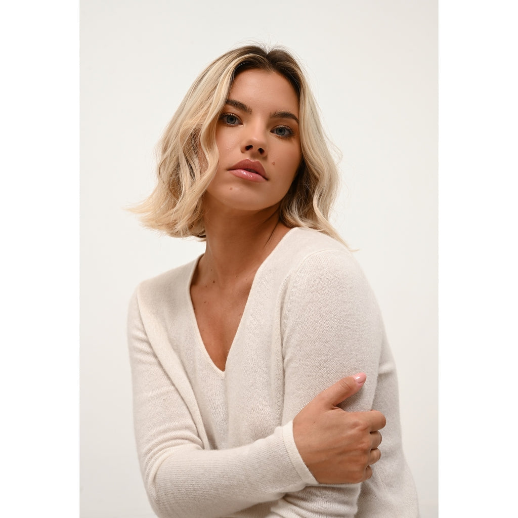 Pull Col V Joan - 100% Cachemire 2 Fils - Ivoire - Femme