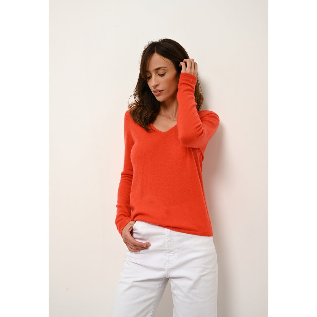 Pull Col V  Joan - 100% Cachemire 2 Fils - Orange - Femme