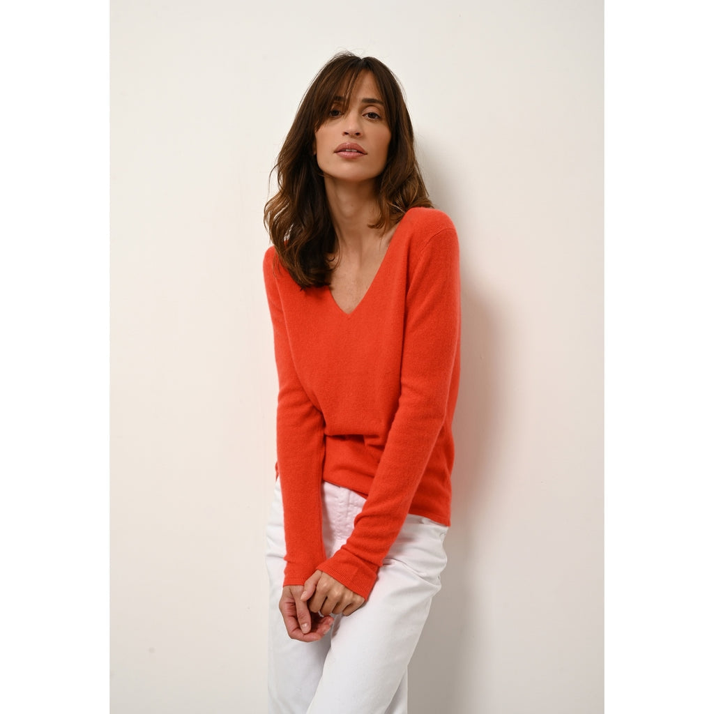 Pull Col V  Joan - 100% Cachemire 2 Fils - Orange - Femme