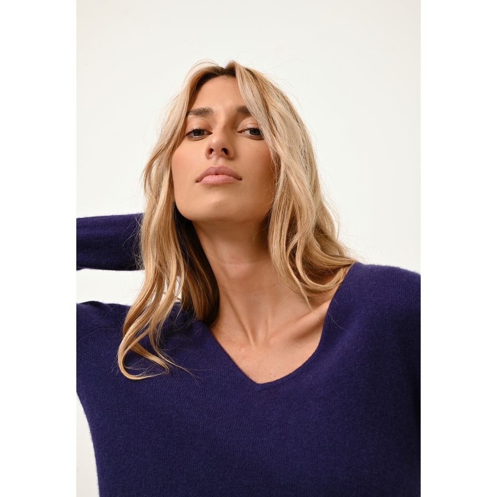 Pull Col V  Joan - 100% Cachemire 2 Fils - Purple - Femme