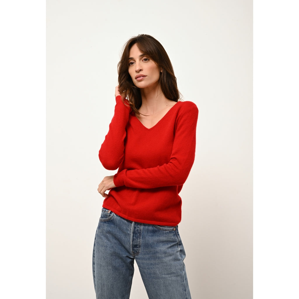 Pull Col V Joan - 100% Cachemire 2 Fils - Rouge - Femme